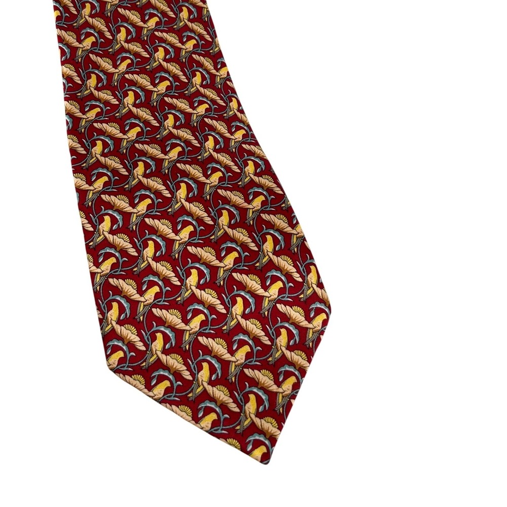 Museum Artifacts‎ Mens Silk Tie Burgundy Yellow Bird Floral Art Nouveau Pattern